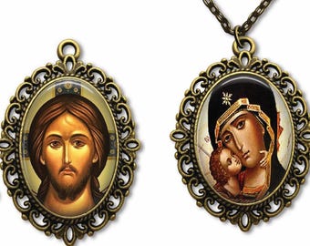 Greek Orthodox Icon  Necklace, Double Sided Theotokos Jesus Jewelry