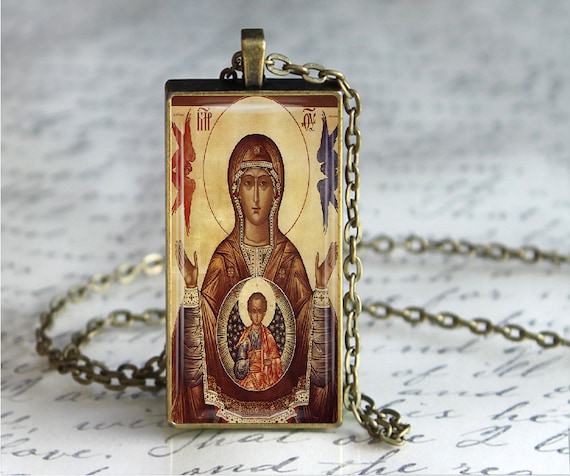 Theotokos Icon Pendant Necklace: Lady of the Sign, Greek Orthodox Jewelry, Religious Icon Necklace