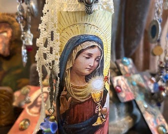 Virgin Mary   Prayer Candle, Blessed Sacrament Candle, Catholic Devotional, Embellished Decoupaged  8 Inches