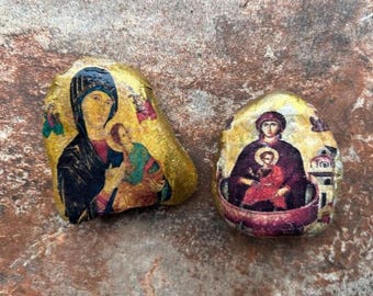 Set Greek Orthodox Icon  Decoupaged  Rocks, Theotokos  Life Giving Spring, Orthodox Gift, Religious Rock Art, Mother of God