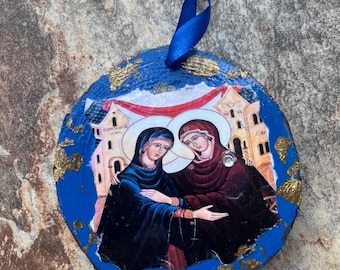 Decoupaged Wood Ornament, Visitation Virgin Mary Icon Art, Christian Reversible  Christmas Decoration