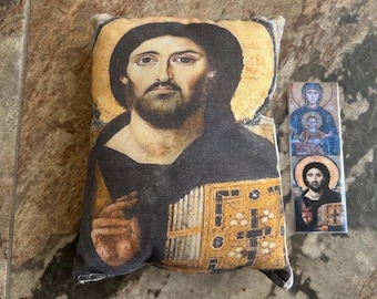 Jesus Orthodox Icon Small Pillow Bookmark Set,  Faith Gift,  10 x 7 Inches Pantocrator Gift Pillow