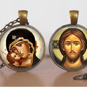 Orthodox Icon Pendant Necklace, Russian Icon Necklace,  Religious Theotokos Jesus Christ Jewelry,