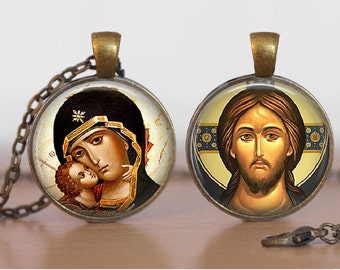 Orthodox Icon Pendant Necklace, Russian Icon Necklace, Religious Theotokos Pendant,  Jesus Christ Jewelry, Faith Gift,  Double Sided Pendant