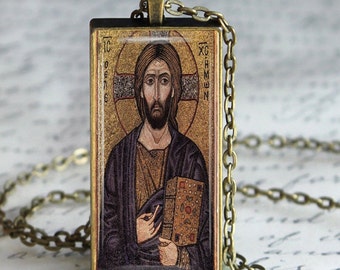 Byzantine Jesus Christ Icon Necklace, Orthodox Religious Pendant, Faith Jewelry