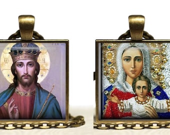 Russian Icon Jesus Christ Jewelry, Reversible Virgin Mary Jewelry, , Religious Pendant Necklace, Gift, Orthodox Pendant, Faith Gift