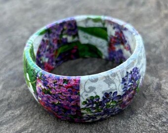 Decoupaged Wooden Bracelet,  Purple  Flower Decorative  Bangle,  Flower Art Jewelry, Lilacs