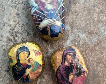 Virgin Mary Theotokos  Icon Rocks, Set Three Greek Orthodox Rock Art, Religious Rustic Rock,  Orthodox Gift