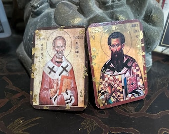 Set St Nicholas St Basil Small Icons,  Religious  Greek Orthodox  Saint Icons, Rustic Orthodox Saint Art
