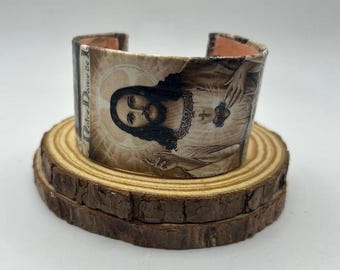 Decoupaged Aluminum Cuff Bracelet: Sacred Heart Jesus, Virgin Mary Icons, Catholic Faith Jewelry