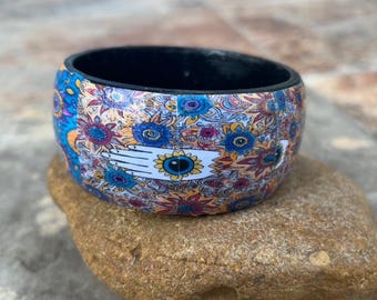 Evil Eye Cuff Bracelet, Decoupaged Wooden Bracelet, Turkish Greek Protection Jewelry, Religious Faith Gift