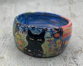 Decoupaged Wooden  Blue  Bangle,, Famous Artist Jewelry, Monet Van Gogh Munch