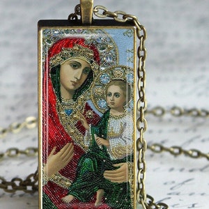 Holy Mother Jewelry, Theotokos Glass Tile Pendant Necklace, Religious Orthodox  Icon Necklace, Religious Gift