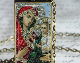 Holy Mother Jewelry, Theotokos Glass Tile Pendant Necklace, Religious Orthodox  Icon Necklace, Religious Gift