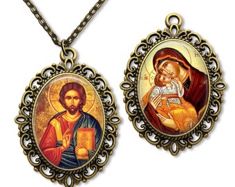 Religious Orthodox Icon Necklace, Double Sided , 30 x 40 Pendant, Panagia Jesus Jewelry