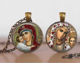 Religious Virgin Mary Necklace, Orthodox Icon Pendant, Double Sided Holy Mother Necklace