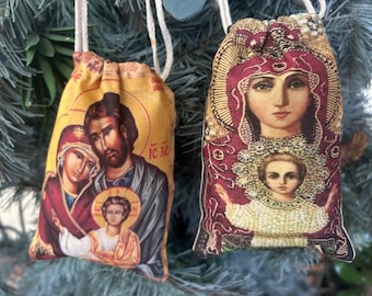 Set Greek Orthodox  Icon Fabric Christmas Ornaments, Theotokos Holy Family Tree Ornament, Religious House warming  Hostess Gift