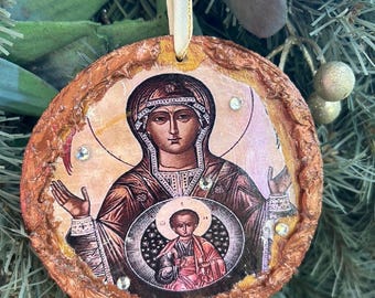 Lady of the Sign Icon  Ornament,  Virgin Mary  Wood Art, Orthodox Gift, Religious Home Decor,  Panagia Christmas Tree Ornament,