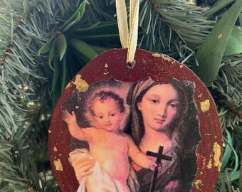 Religious Catholic  Ornament, Virgin Mary Icon Christmas Ornament, Decoupaged Wood Slice,
