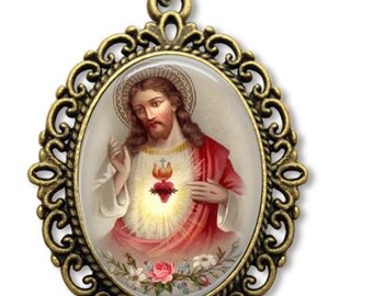 Jesus Sacred Heart Necklace, Catholic Icon Pendants, Religious Jewelry, Faith Gift, Religious Medal