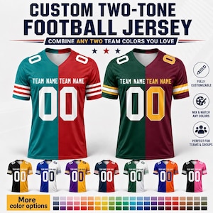 May include: Two custom two-tone football jerseys with V-necks, featuring the text CUSTOM TWO-TONE FOOTBALL JERSEY, COMBINE ANY TWO TEAM COLORS YOU LOVE, TEAM NAME, and the number 00. Includes icons for fully customizable, mix and match, and teams.
