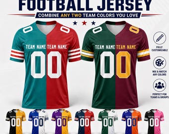 Custom Two Football Team Split Jersey, Personalized Name Number Logo, Game Day Outfit, Split Sports Uniform, Gifts For Adult Kids Baby Fans