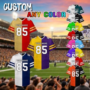 May include: Custom football jerseys in various color combinations, each featuring a team name and the number 85. The jerseys are displayed in a stadium setting, with the text "CUSTOM ANY COLOR" at the top.