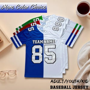 May include: Baseball jerseys in blue, white, and green, with the text "TEAM NAME" and the number "85". The jerseys have striped sleeves and are labeled "ADULT/YOUTH/KID BASEBALL JERSEY". The image also includes the text "More Color Choice".