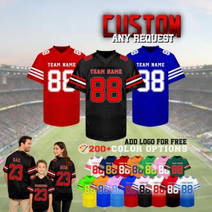 May include: Three custom football jerseys in red, black, and blue with white numbers 88 and text reading CUSTOM ANY REQUEST. Below, a family wears black jerseys with red numbers 23. A grid shows various color combinations with the text 200+ COLOR OPTIONS.