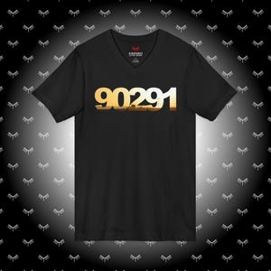 90291 T-shirt met V-hals | BirdBones Design Bella+Canvas 3005, Venice Beach Sunset, T-shirt met postcode