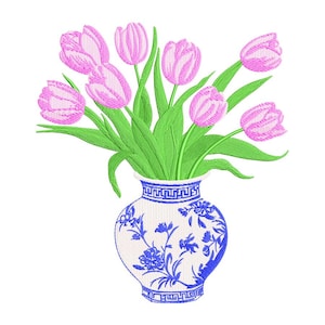 May include: Embroidered image of pink tulips in a white vase with blue floral designs. The vase has a blue geometric border at the top and bottom. The tulips have green stems and leaves.