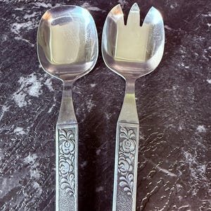 Vintage Stainless Steel Salad Server Set Japan – Mid Century Floral Spoon & Fork Serving Utensils