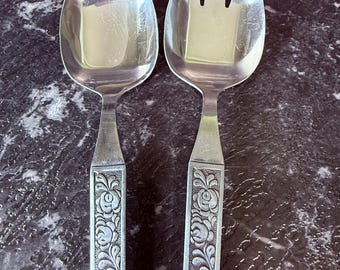 Vintage Stainless Steel Salad Server Set Japan – Mid Century Floral Spoon & Fork Serving Utensils