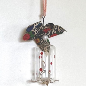 Japanese Glass Wind Chime Fūrin with Red Polka Dots and Fabric Sail – Vintage Hanging Bell