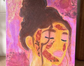 Original Portrait Painting Floral Woman Art Pink Canvas Small Signed Acrylic Artwork