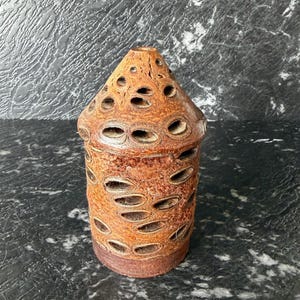 May include: A cylindrical vessel crafted from a natural brown Banksia seed pod, featuring a textured, porous exterior with numerous oval-shaped openings throughout the body and a tapered, dome-shaped top with a small circular opening at the apex.