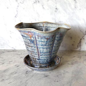 Vintage Studio Pottery Orchid Planter with Saucer | Handmade Blue Drip Glaze Ceramic Plant Pot | Wavy Rim Planter
