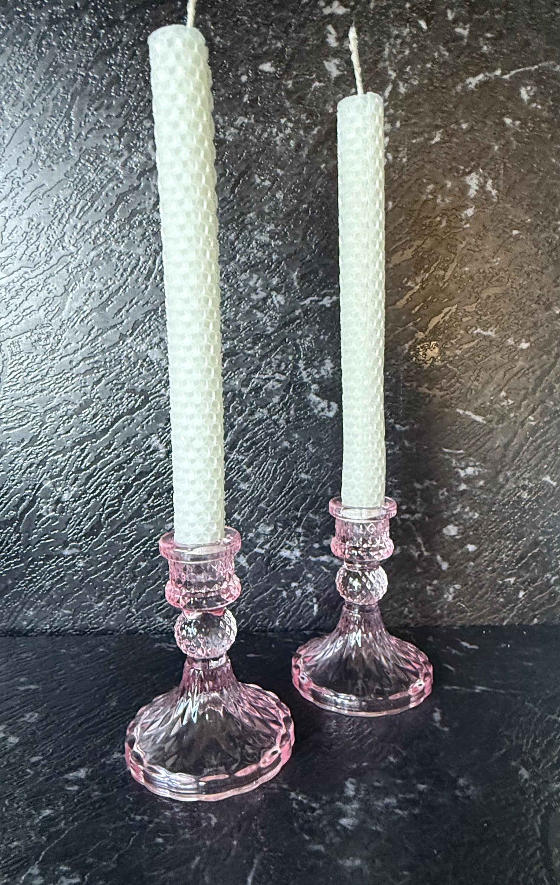 Romantic Pink Glass Taper Candle Holders Set - Vintage Style Shabby Chic Decor for Elegant Table Settings