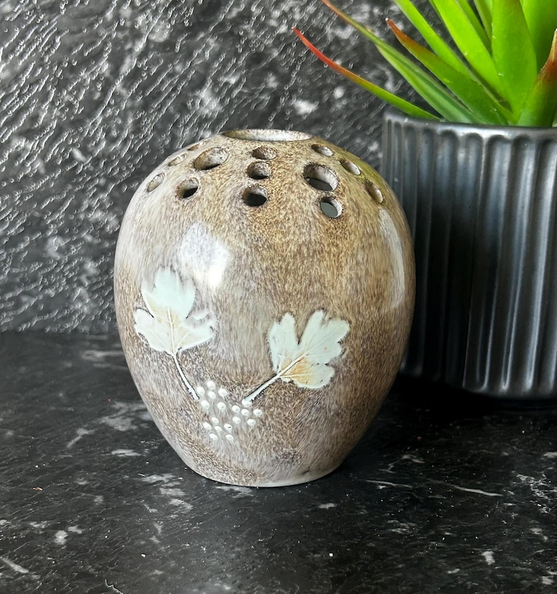 Vintage Studio Pottery Flower Frog Vase | Brown Leaf Ceramic Bud Vase ...