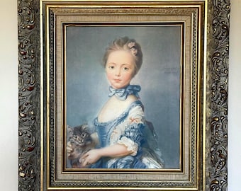 Oprawiona reprodukcja w stylu vintage – „Jeune Fille au Chat” autorstwa J. B. Greuze – ozdobna barokowa rama
