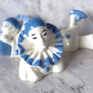 Vintage Pierrot Clown Figurines Pair, Colleen 88 Ceramic Harlequin Décor Blue White, Minor Chips