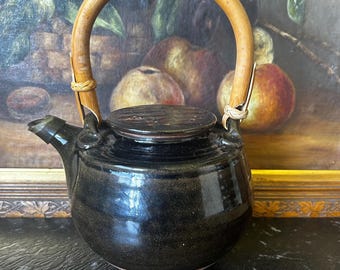 Vintage Studio Keramik Teekanne Tenmoku Glasur Bambus Griff japanischer Stil