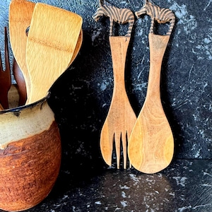 Vintage African Zebra-Themed Hand-Carved Wooden Salad Servers Set - Unique Utensils for Dining