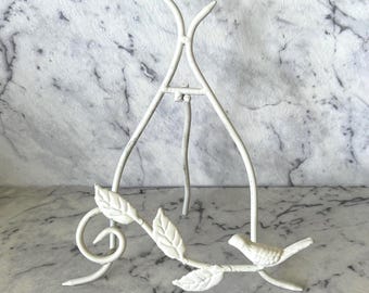 Vintage White Metal Plate/book Stand | Bird & Leaf Decor