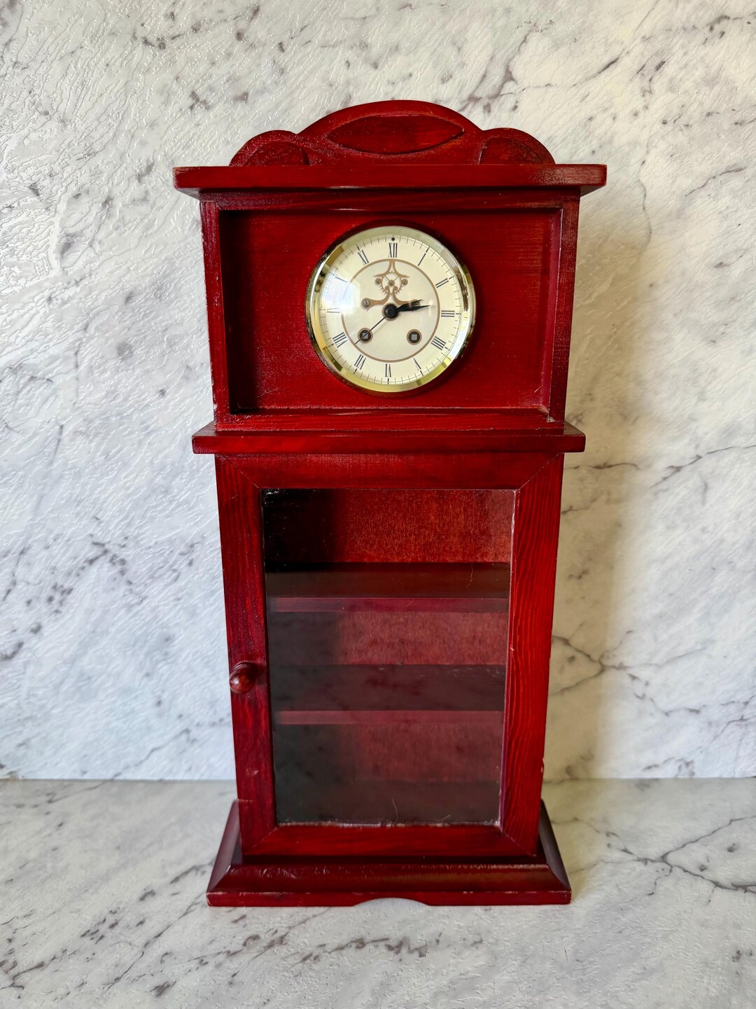 Vintage Red Wood Stained Tabletop Clock Cabinet | Glass Display - Etsy