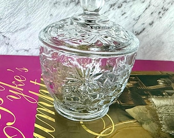 Vintage Pressed Glass Candy Jar with Lid: Starburst Floral Trinket Dish