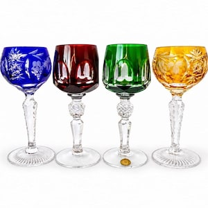 Juego de 4 copas de cristal tallado vintage / Azul, rojo, verde y ámbar / Cristalería estilo bohemio