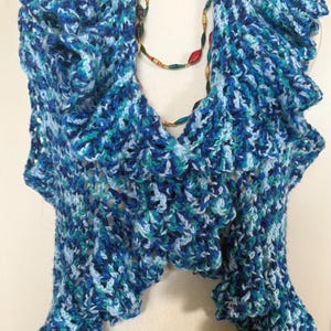 Handmade Crochet Ruffle Vest in Ocean Blues – Boho Layered Sleeveless Shawl Wrap