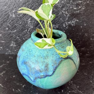 Vintage Studio Pottery Vase Teal Blue Drip Glaze Round Vase Handmade Ceramic Vessel Coastal Decor