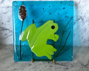 Fused Glass Frog Plate | Handcrafted Aqua Blue Decor